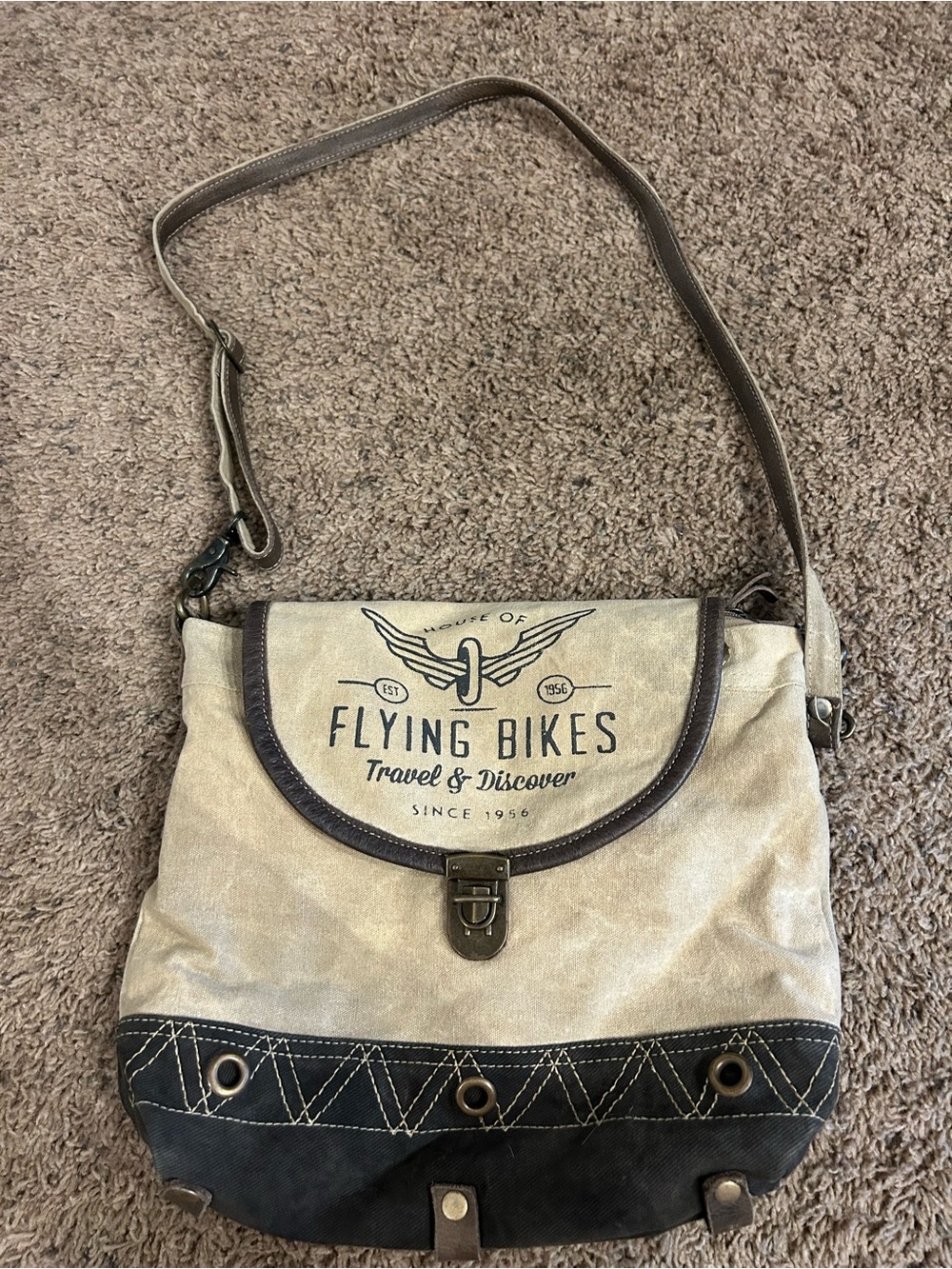 Myra Bag "Flying Bikes" Cross Body Bag - Canvas - Brown / Tan 11” x 14”
